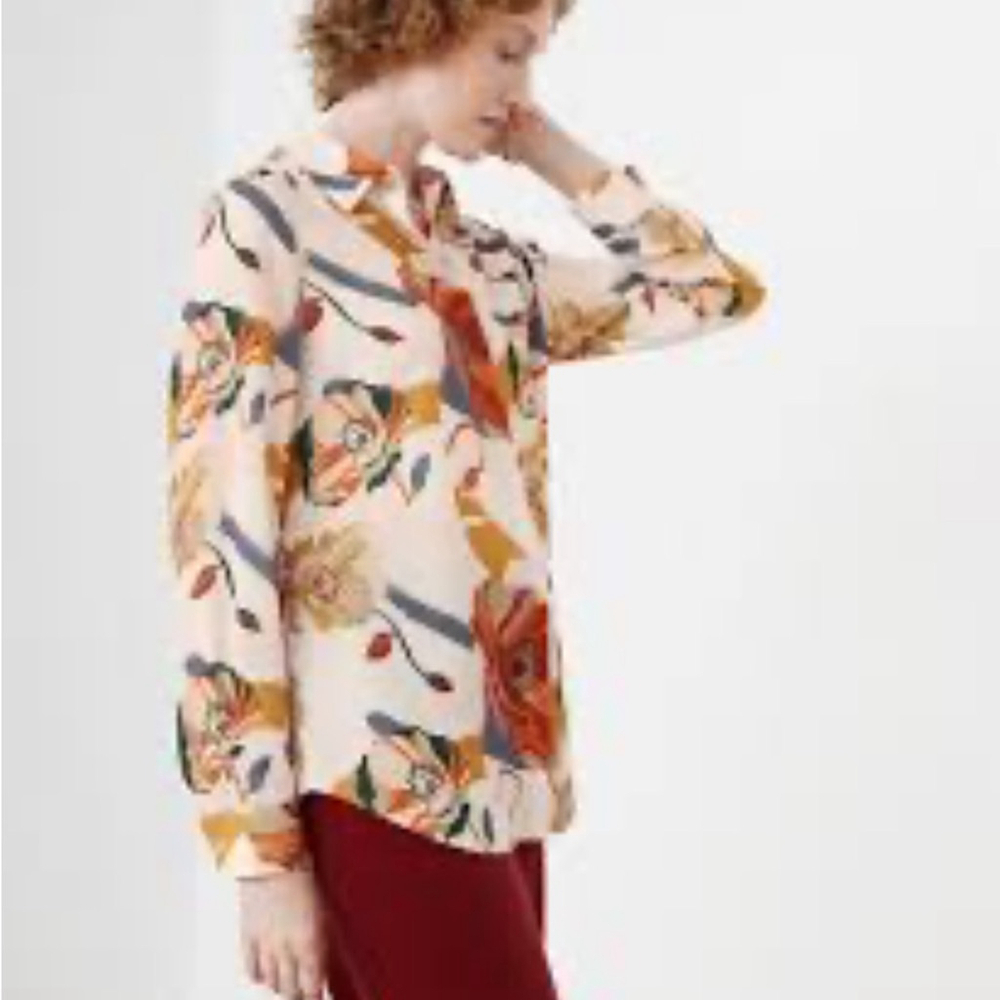 CLEO Floral Print Women's Top relaxed fit crepe blouse button up cream brown XL - Picture 14 of 14